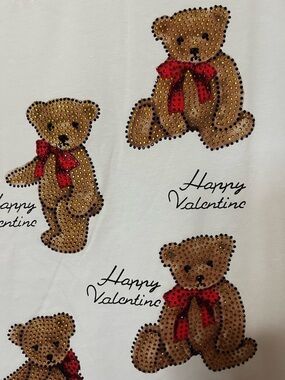 White Teddy Print Short Sleeve Tee - Happy Valentine